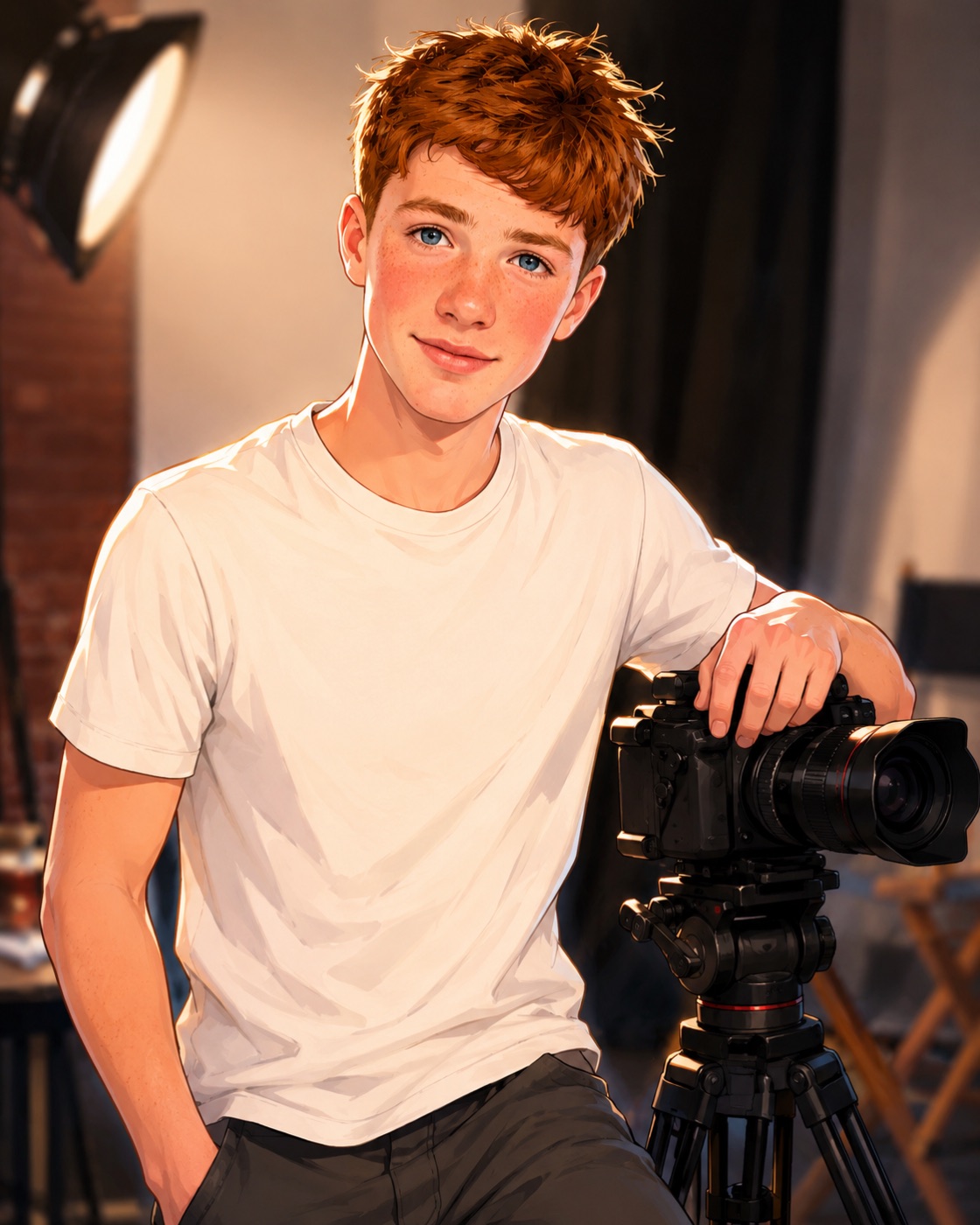 Illustration of Jack Dearing leaning on a cinema camera on a tripod under a studio light.