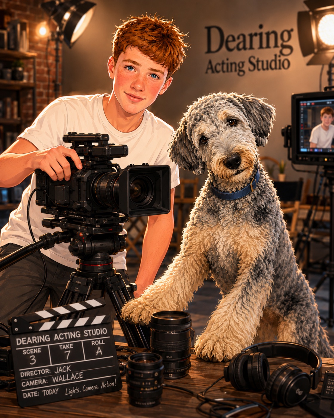 Illustration of Jack Dearing, fourteen, auburn hair and freckles in a white tee, behind a cinema camera at Dearing Acting Studio, with his Labradoodle Wallace beside him and a clapboard reading Director: Jack, Camera: Wallace.